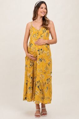 Motherhood Maternity Linen Blend Floral Midi Dress Mustard Yellow Size S Summer